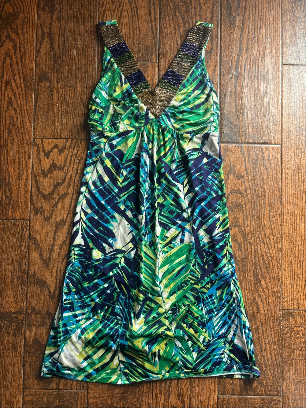 Style & Co. Petite Green Navy Tropical Tank with Glitter Straps
